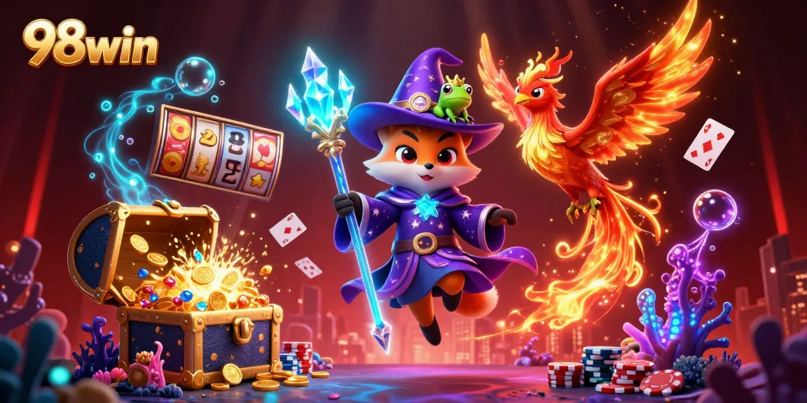 Place your bets at 98win, featuring an enchanting wizard fox, phoenix, and vibrant slot game elements.