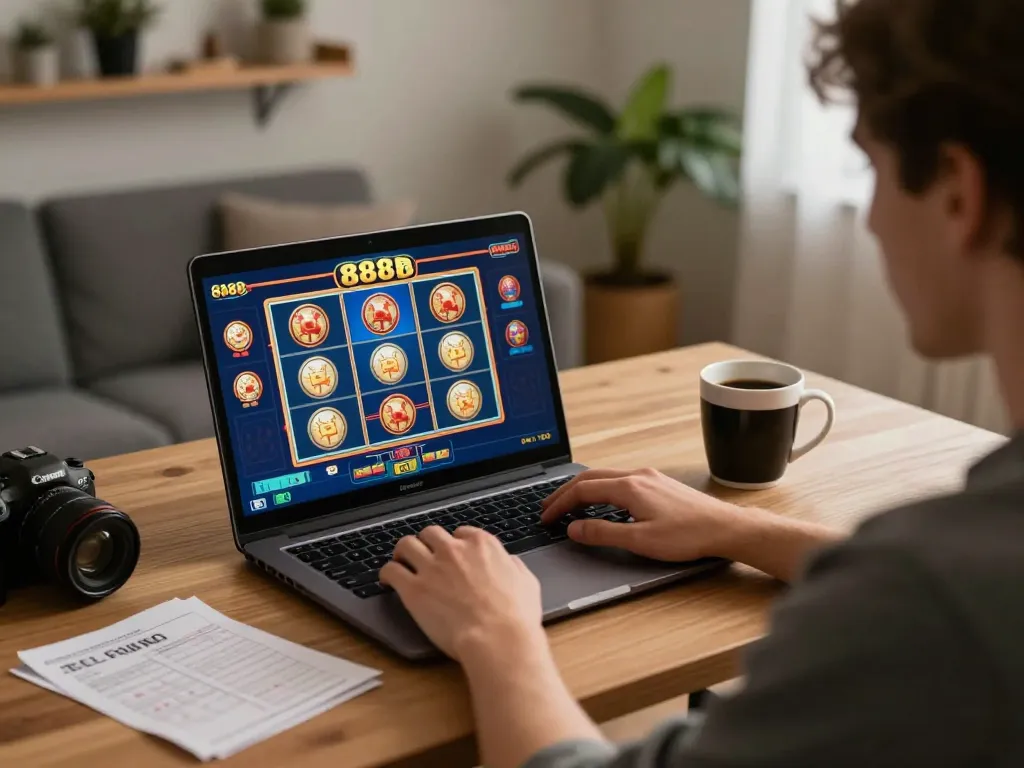 Player engaging with 888b casino games on a laptop during a cozy home gaming session