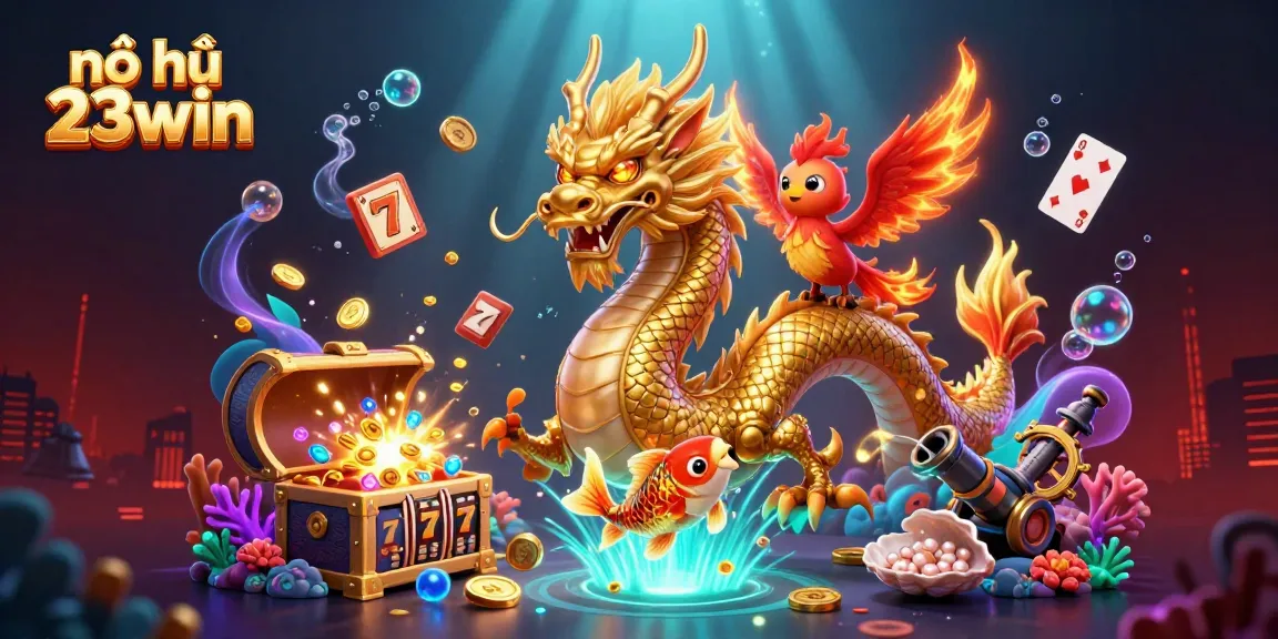 Immerse in nổ hũ 23win action with vibrant 3D visuals of slot reels, golden coins, and dragons.