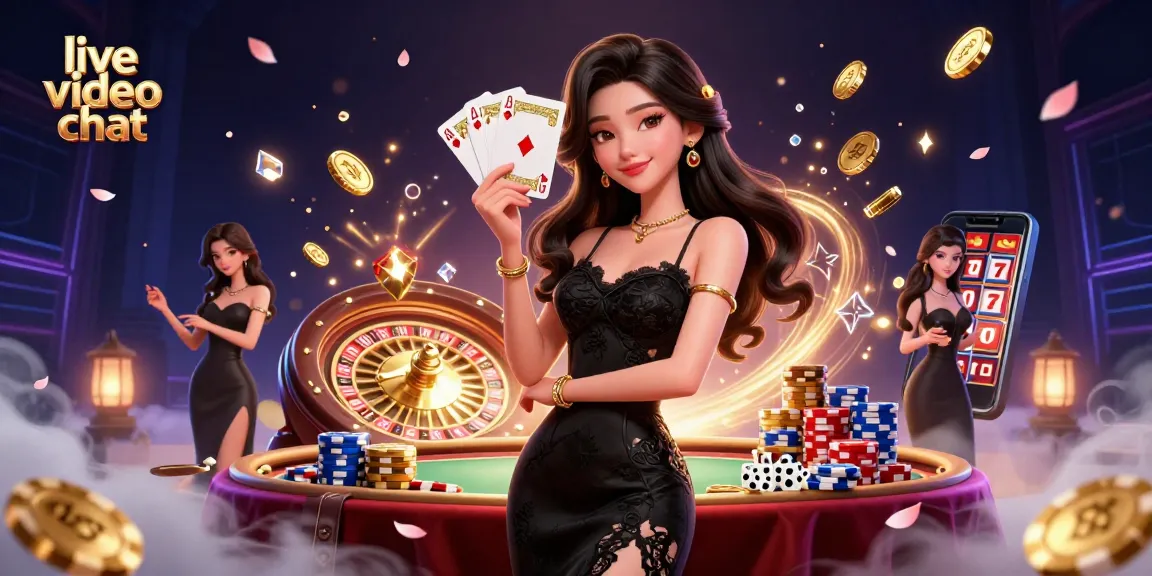 Experience the excitement of live video chat in a luxurious casino setting with vibrant character and elements.