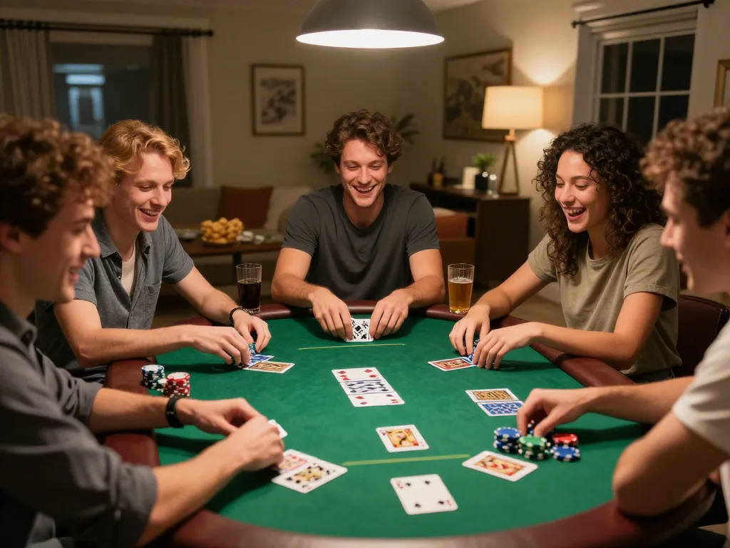 Tỷ lệ kèo nhà cái hôm nay being discussed among friends at home poker game table, lively atmosphere with colorful chips and drinks.