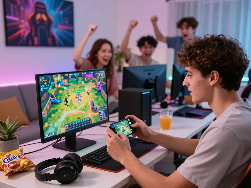Excited players downloading tải go88 in a vibrant gaming environment with friends.