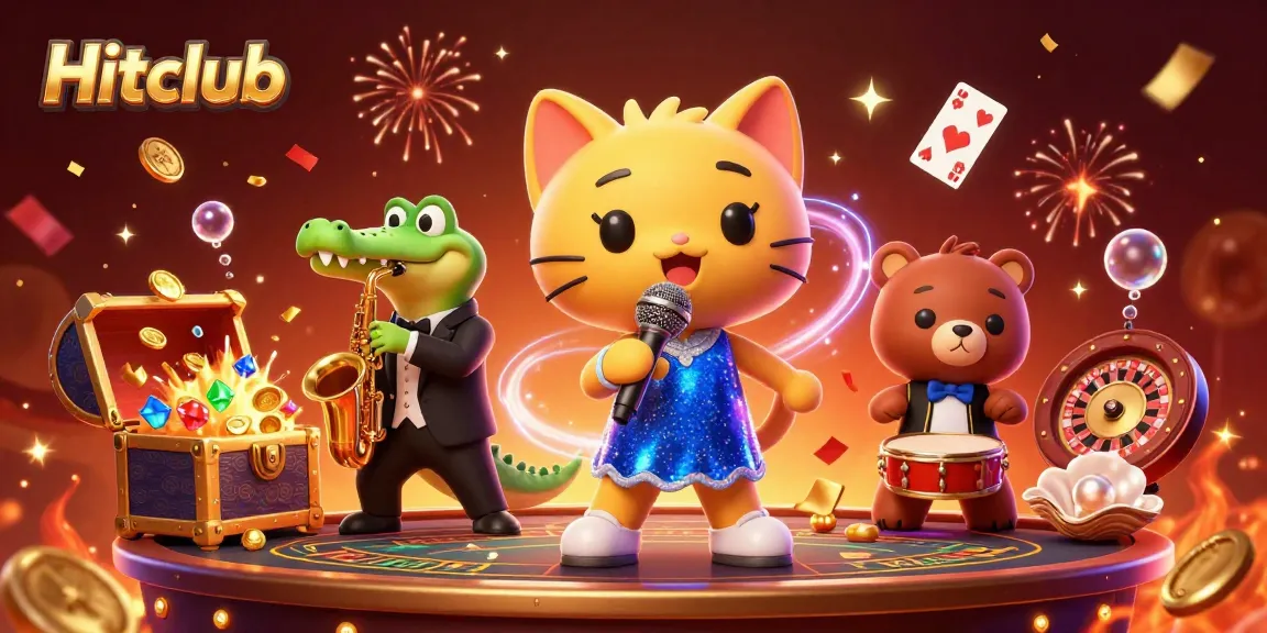 Hitclub showcases a dynamic casino scene with vibrant characters, gold coins, and festive effects.