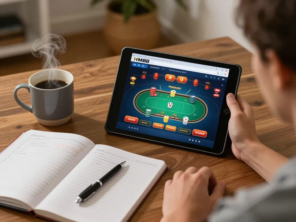 Experience strategic online poker gaming at HM88 with a cozy home setup, complete with notes and coffee.