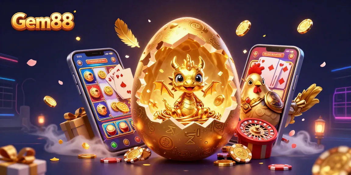 Experience thrilling moments at Gem88 with a golden dragon and lively gaming elements.
