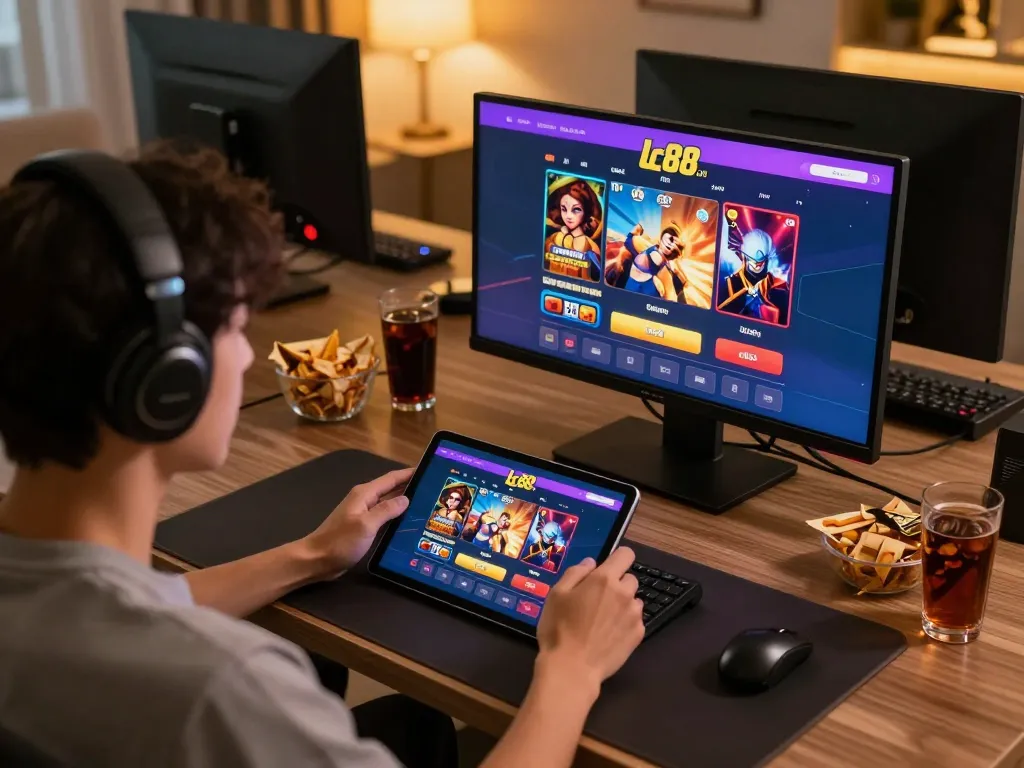 Player enjoying online gaming on lc88 com tablet with an engaging atmosphere.