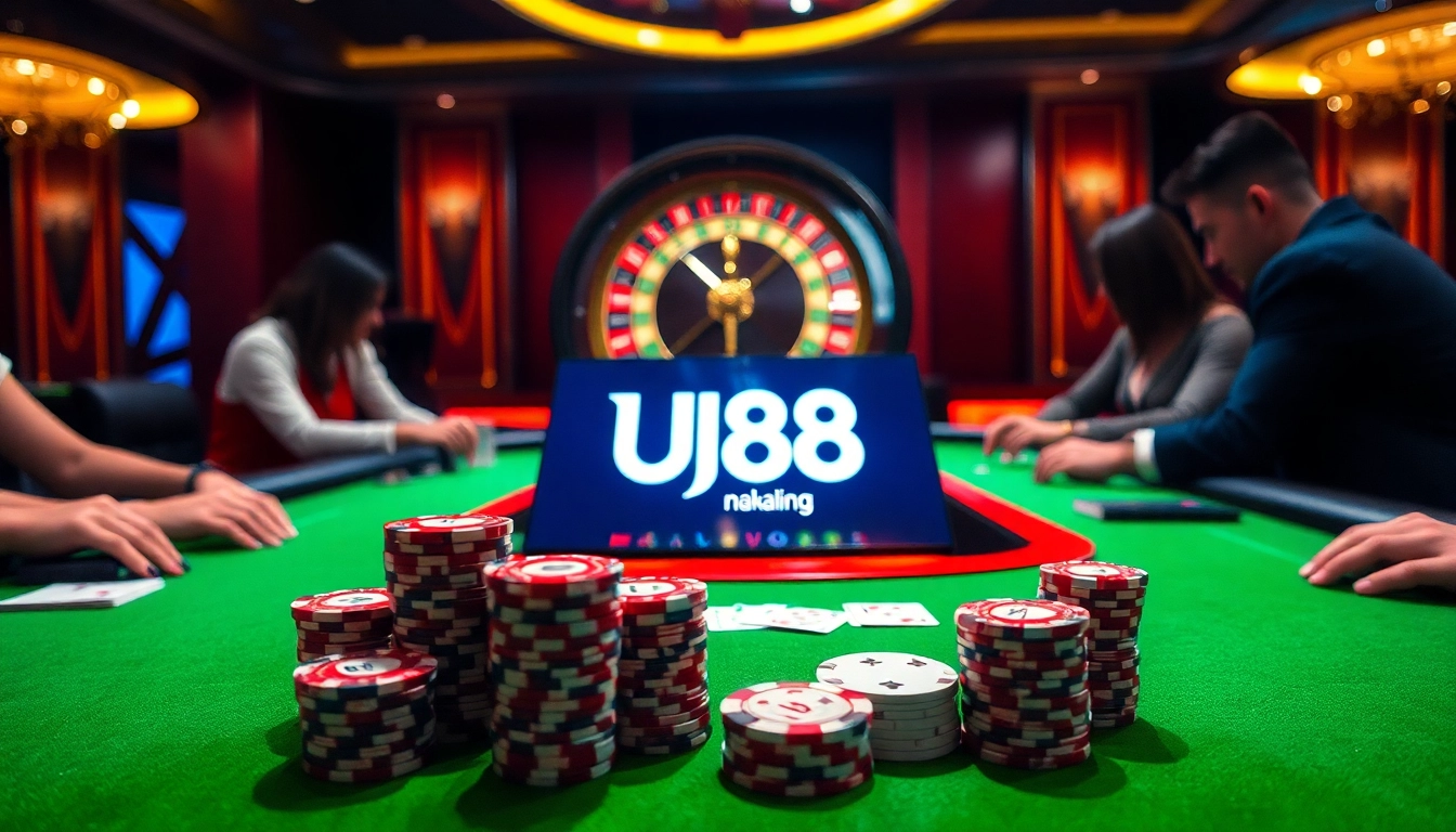 Engage in thrilling gameplay at nhà cái UU88, featuring a stylish casino table with poker chips and playing cards.