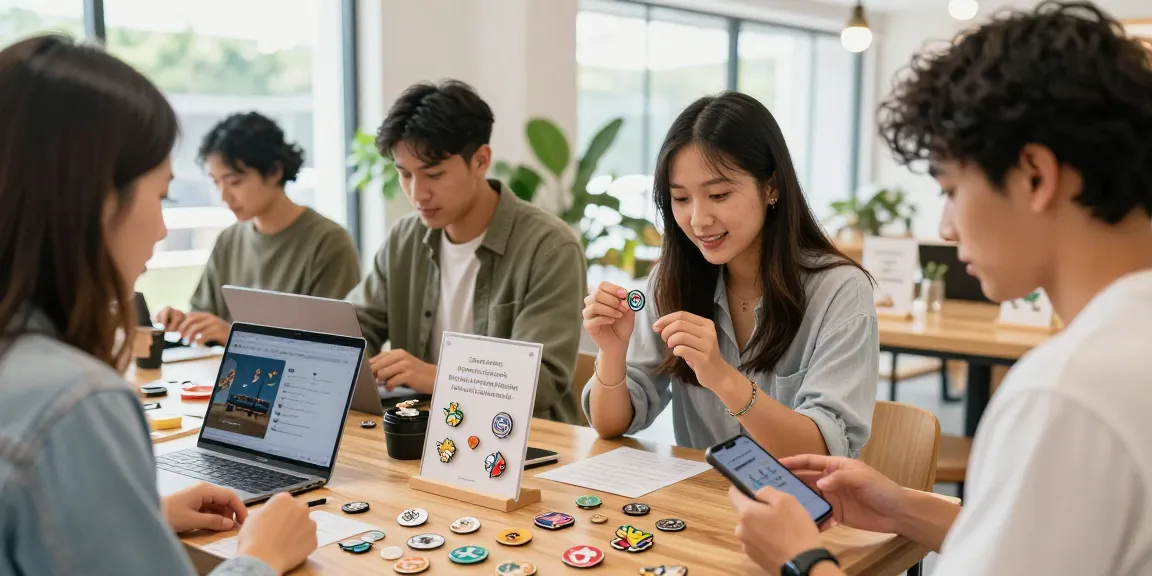Engaging shopping experience with diverse individuals exploring custom pins in a vibrant retail space.