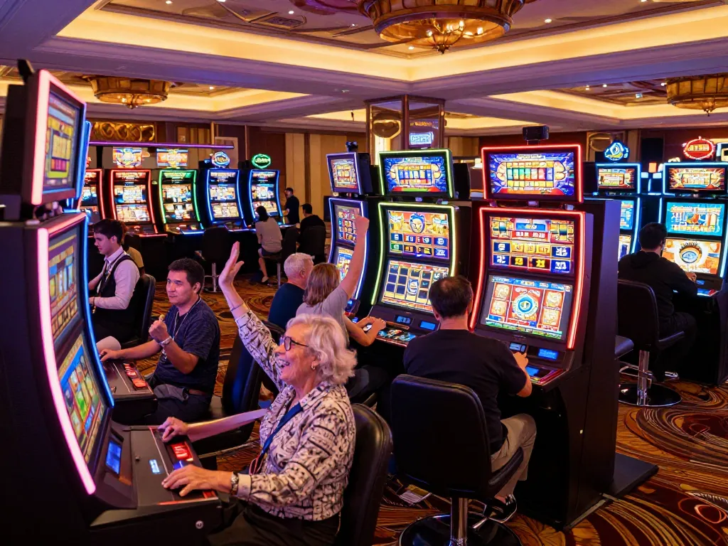 Players enjoying the TG88 casino slots amid vibrant lights and celebratory atmosphere.