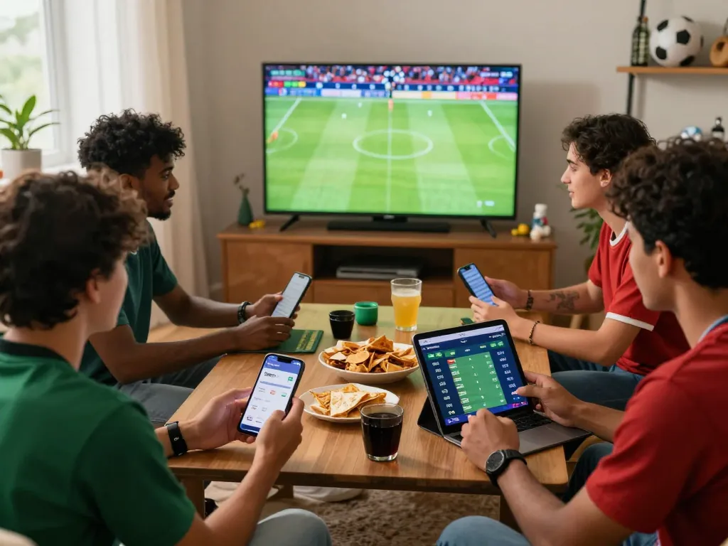 Engaged friends enjoying a live soccer match with 1gom betting interface, showcasing real-time scores and excitement.