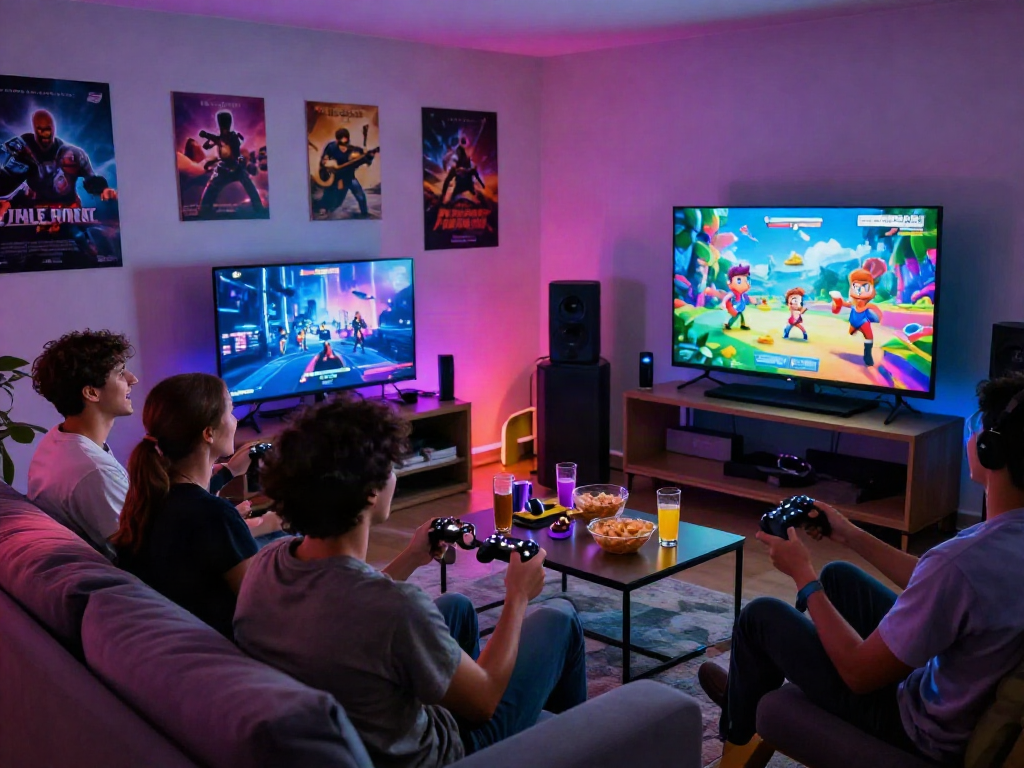 Friends enjoying porn games together in a cozy gaming room, showcasing excitement and vibrant lights.