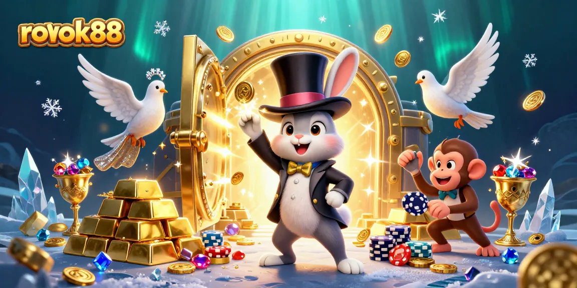Join the fun at rokok88 as a magician rabbit unveils treasures in a rich casino scene.