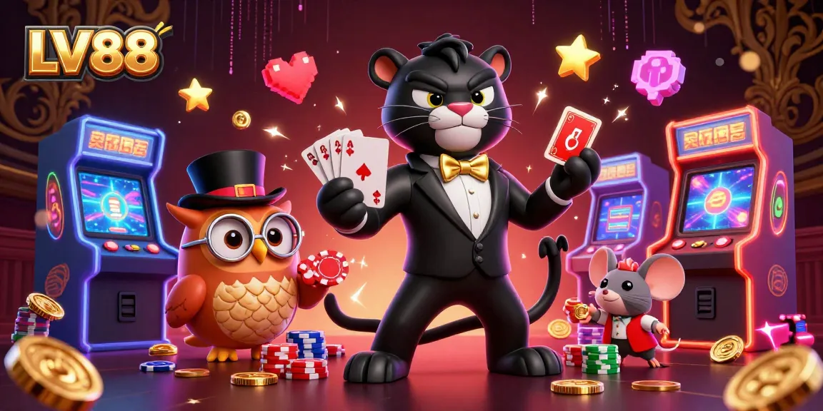 Experience LV88's vivid gaming world with a stylish panther dealer and colorful casino elements.