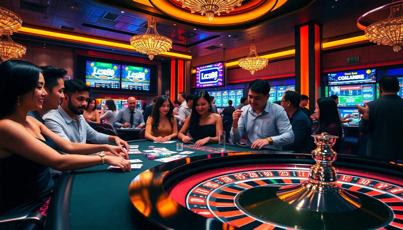 Engaged players enjoying the lc88 game at a colorful, luxurious casino table.