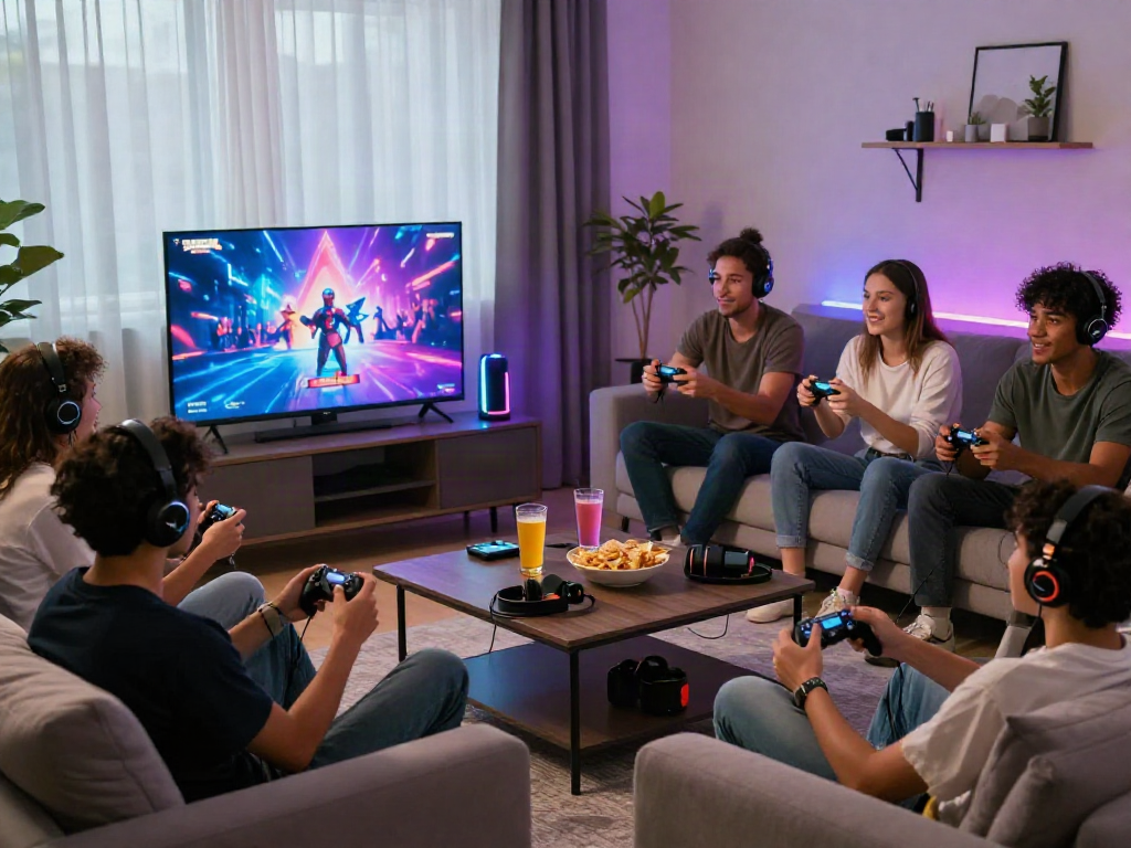Friends enjoying an exciting gaming session together with popular porn games on a large screen and snacks.