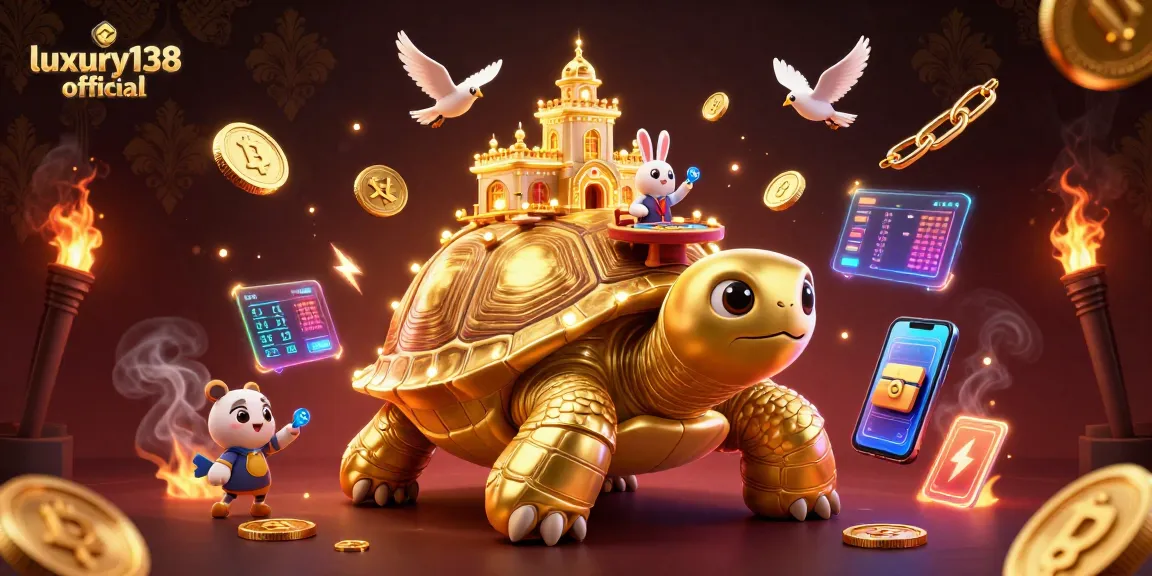 Play thrilling games on luxury138 official, featuring golden tortoise casino with vibrant 3D elements.