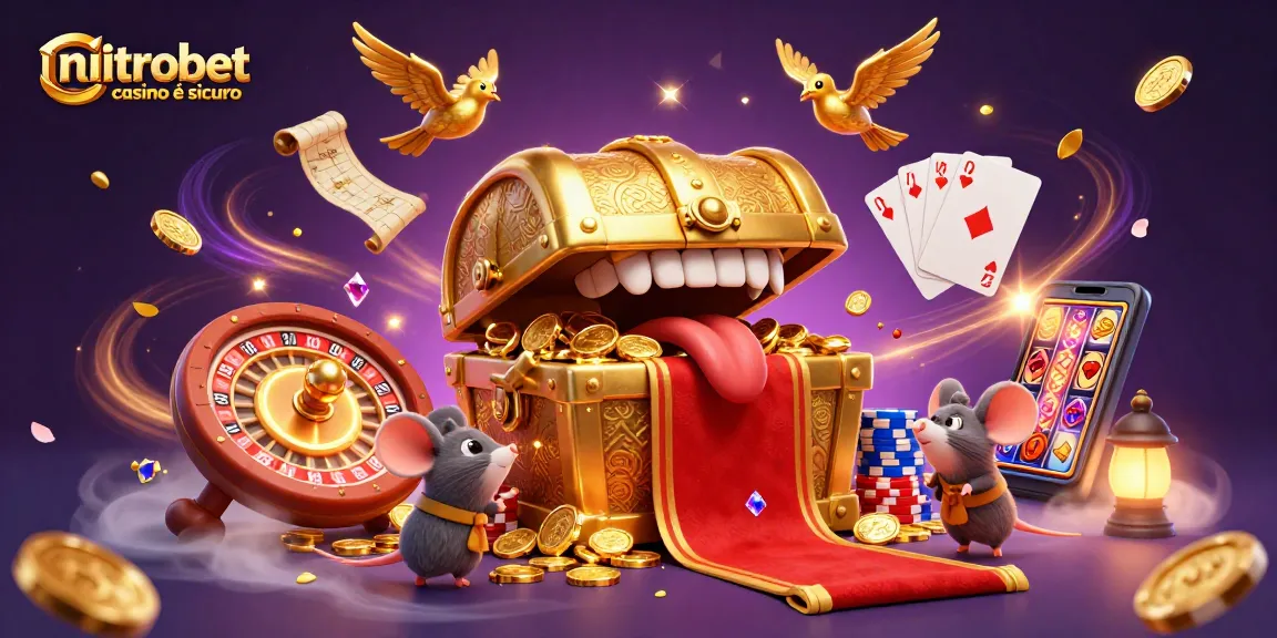 Il gioco al NitroBet Casino è sicuro con ricchezze e slot giranti in un'illustrazione vibrante.