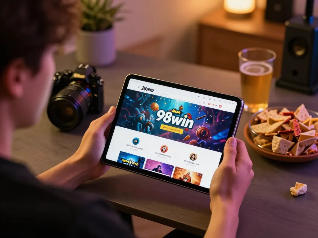 Engaging online gaming experience on trang chủ 98win, showing vibrant tablet interface and cozy atmosphere.