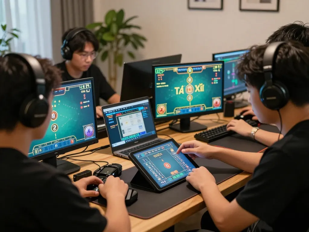 Tài xỉu online uy tín gameplay captured in a cozy home setting, showcasing competitive players engaged in strategic betting.