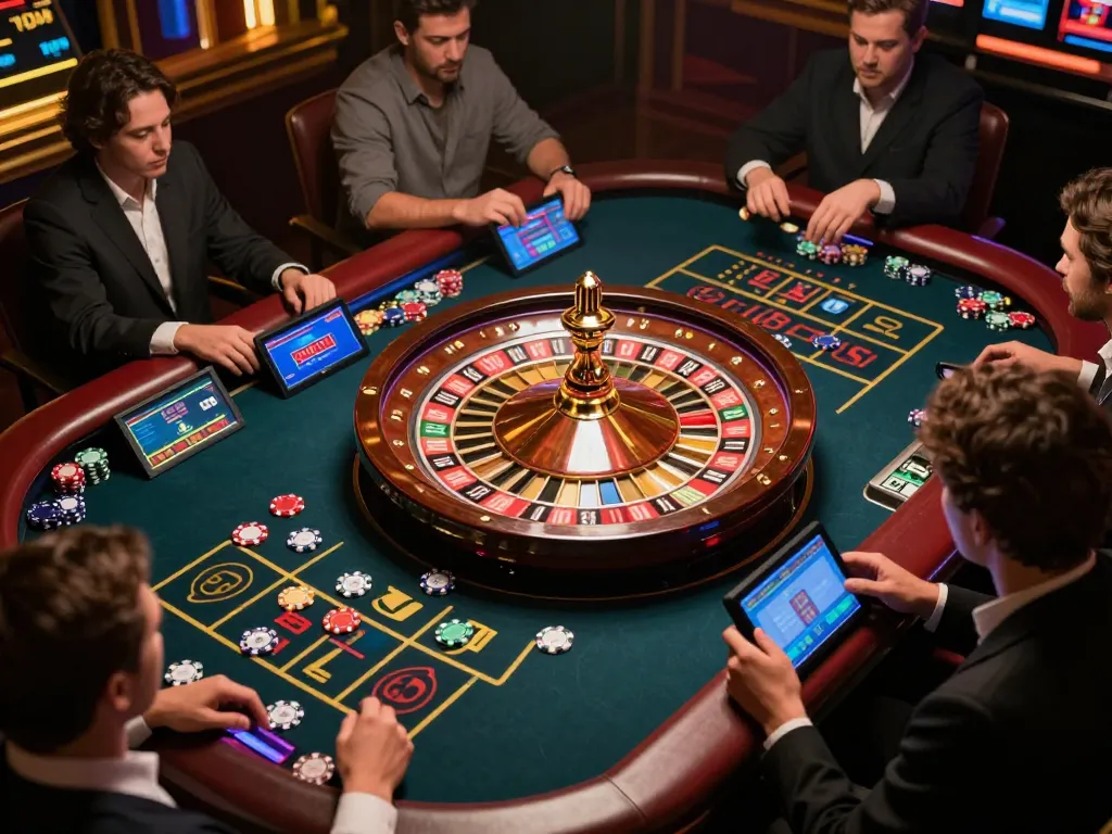 Experience the excitement of may88n's roulette game as the wheel spins and players engage with colorful chips.