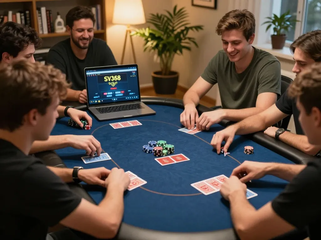 Players enjoying an online poker game at SV368, engaging in competitive play with cards and chips on the table