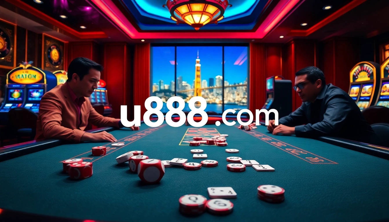 Exciting gambling action at u888 com's vibrant casino table with poker chips and cards.