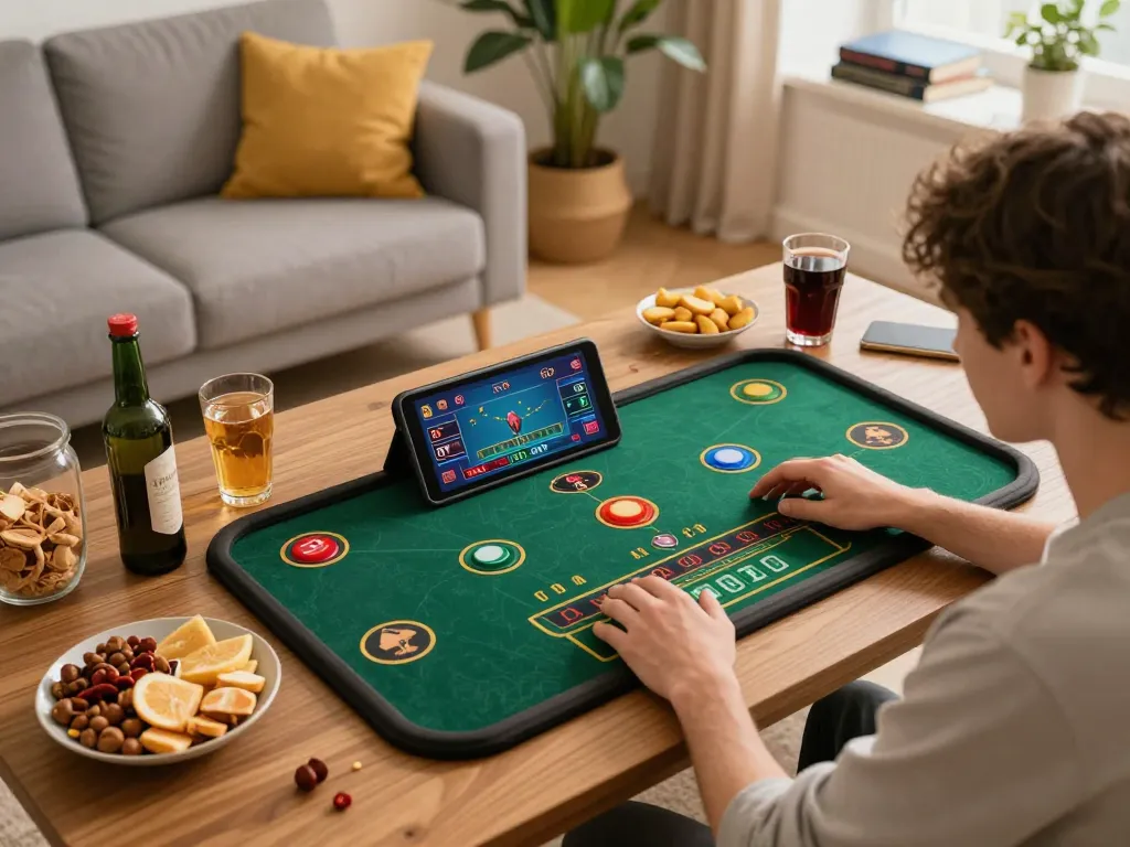 Engaging in fun 79 online gaming with a live dealer setup from home, showcasing a relaxed atmosphere.