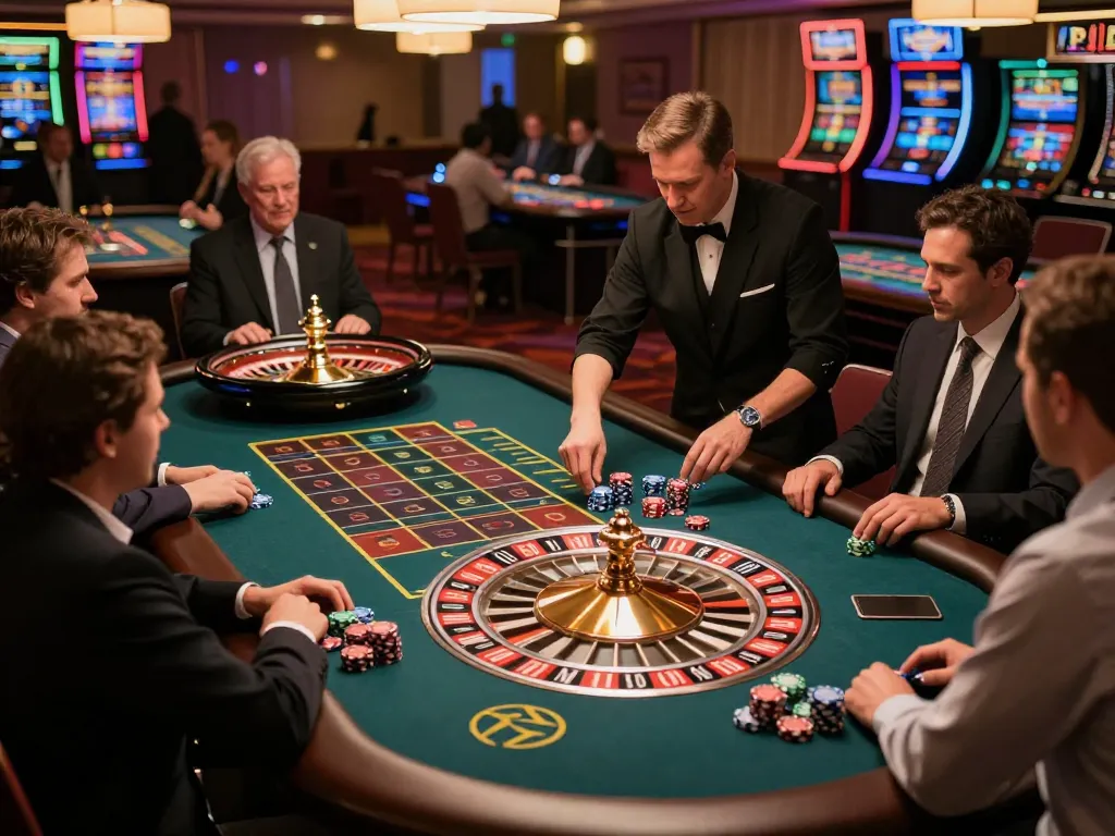 kuwin roulette game in an upscale casino with players engaged in betting and croupier spinning the wheel.