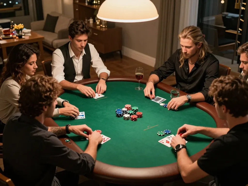 Engaged players strategizing during a poker game at home, showcasing competitive spirit and community, featuring J88bet logo.