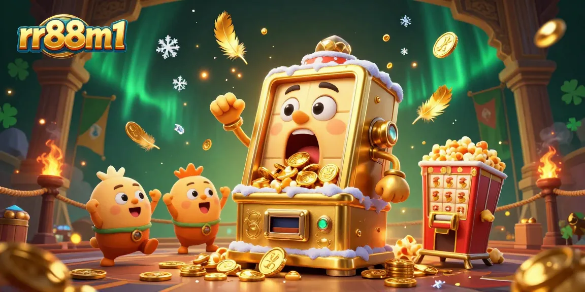 Jackpot celebration at rr88m1 with a golden slot machine pouring coins, enhancing excitement in the casino scene.