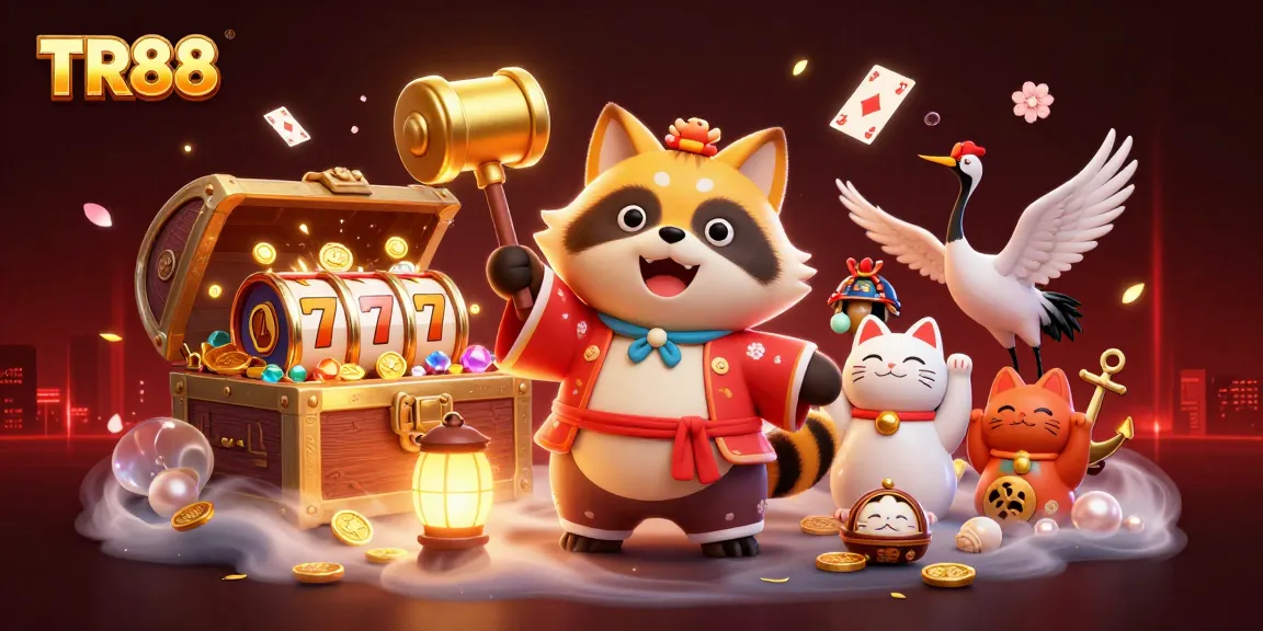 Experience TR88's thrilling bets with a cheerful tanuki, lucky symbols, and vibrant gaming elements.