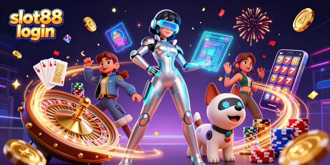 Spin and win with slot88 login featuring a futuristic scene of a woman and robot dog amidst exciting game elements.