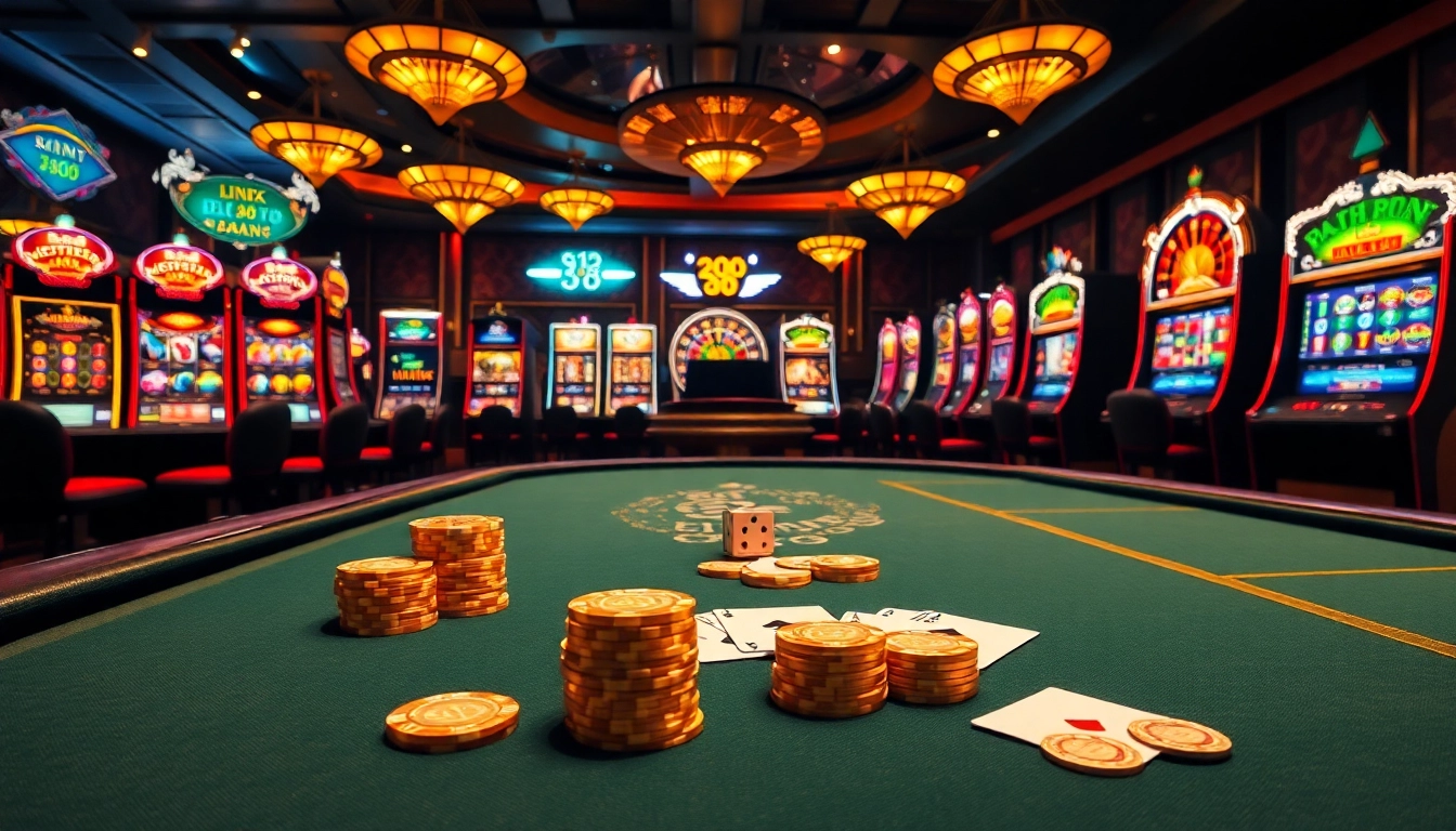 Experience the thrilling ambiance of a casino with link j88 at the forefront, featuring vibrant poker tables and slot machines.