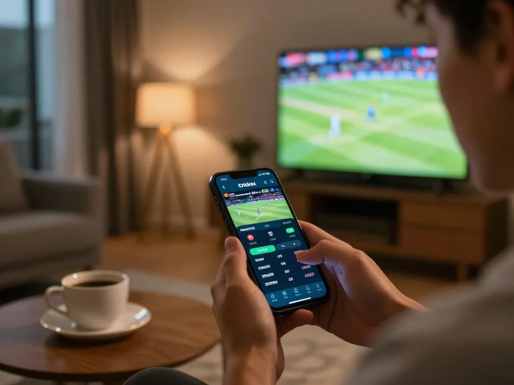 Crickex user engaged in live betting while watching cricket match on TV, emphasizing mobile gambling.