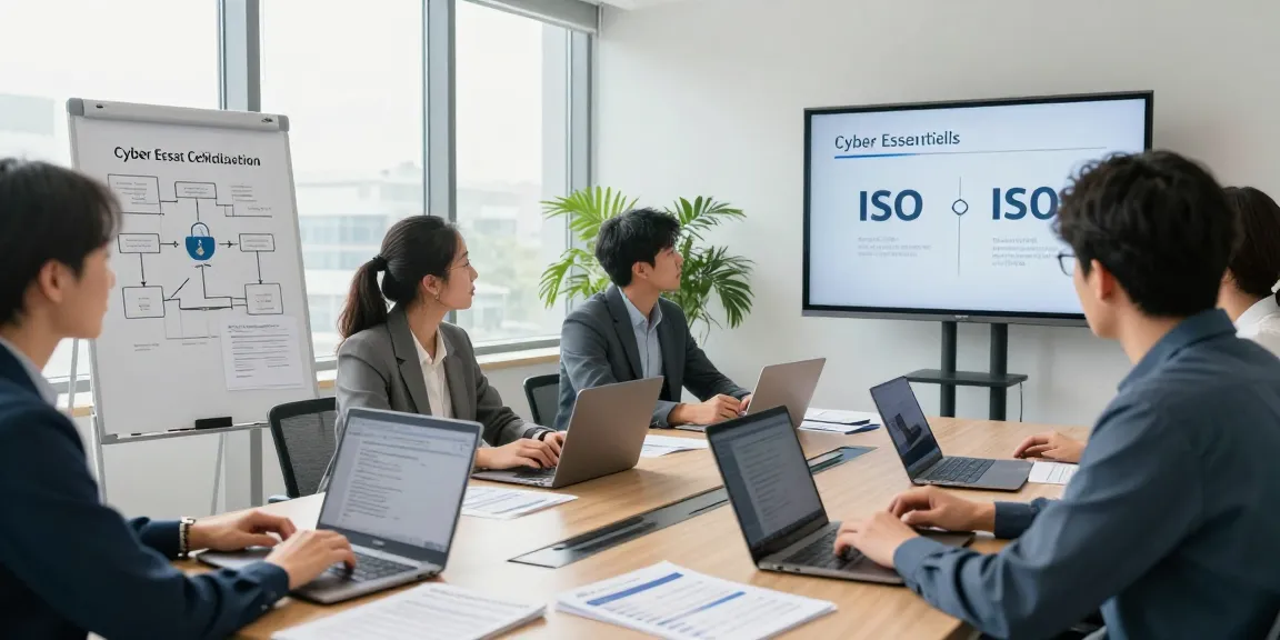 Cyber Essentials vs ISO 27001 collaboration in a professional cybersecurity office setting.