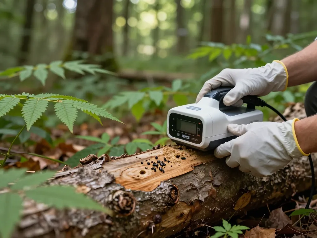 Dimostrazione della sterilizzazione microonde coleottero su un tronco di legno infestato in una foresta tranquilla.