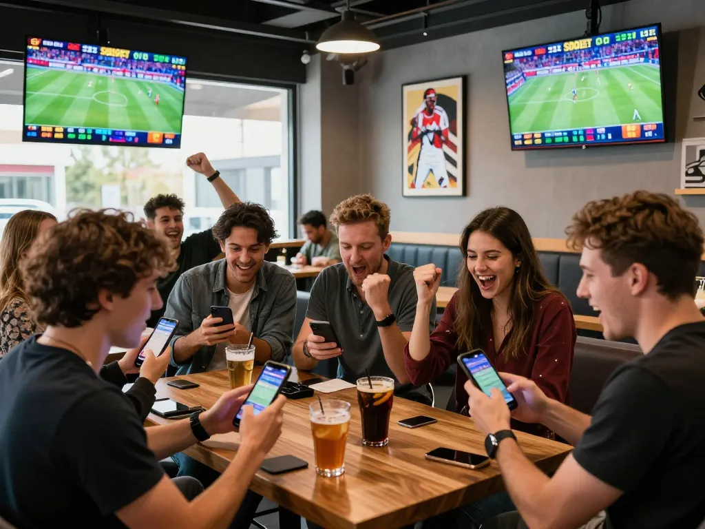 Excited friends enjoying sports betting at SBOBET sportsbook lounge with live screens and drinks.