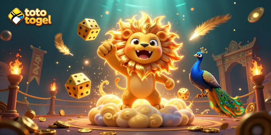 Experience the thrill of toto togel with a vibrant casino scene featuring a 3D roaring lion and dynamic elements.