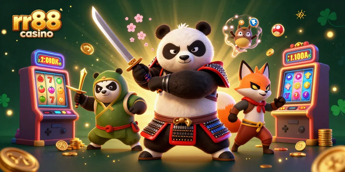 Experience excitement at rr88 casino with a samurai panda, ninja fox, and magic tanuki amidst vibrant slot machines.