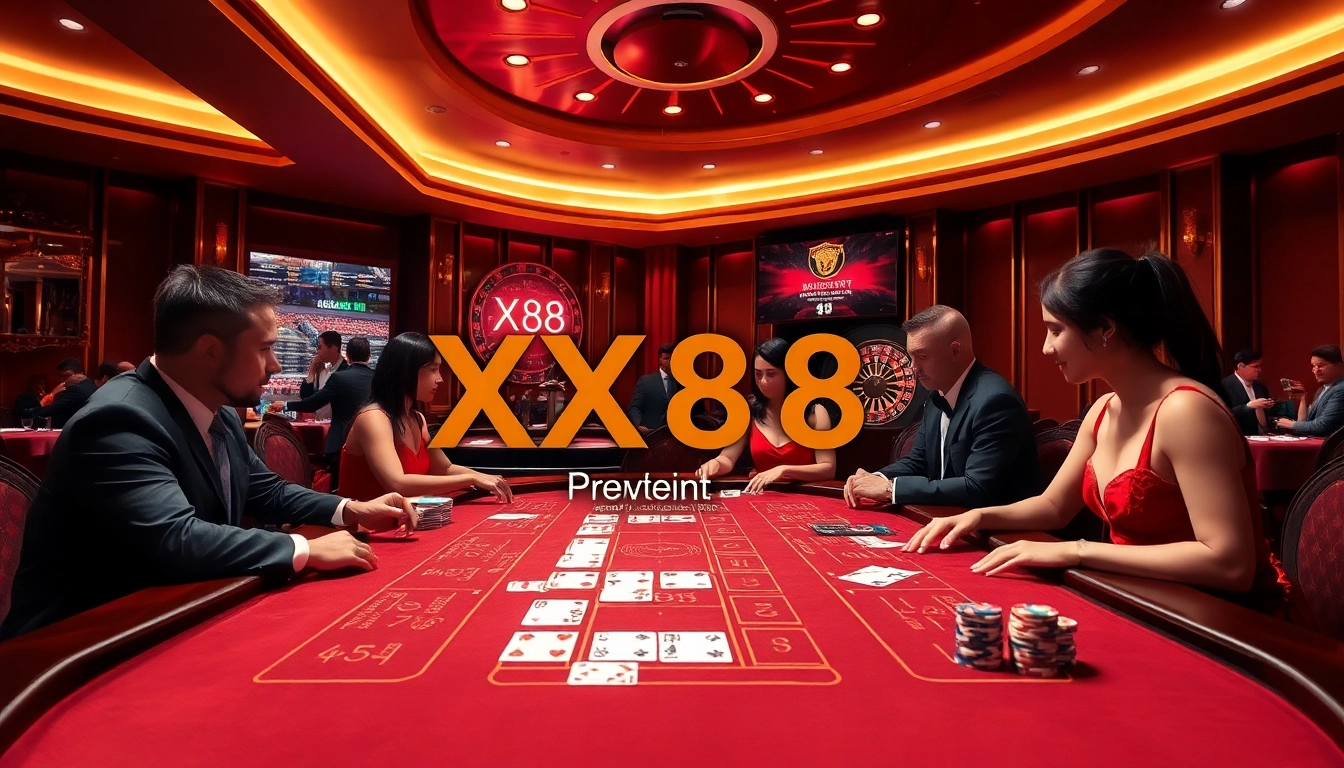 Experience the thrill of Baccarat at XX88, showcasing eager players and vibrant gambling elements.