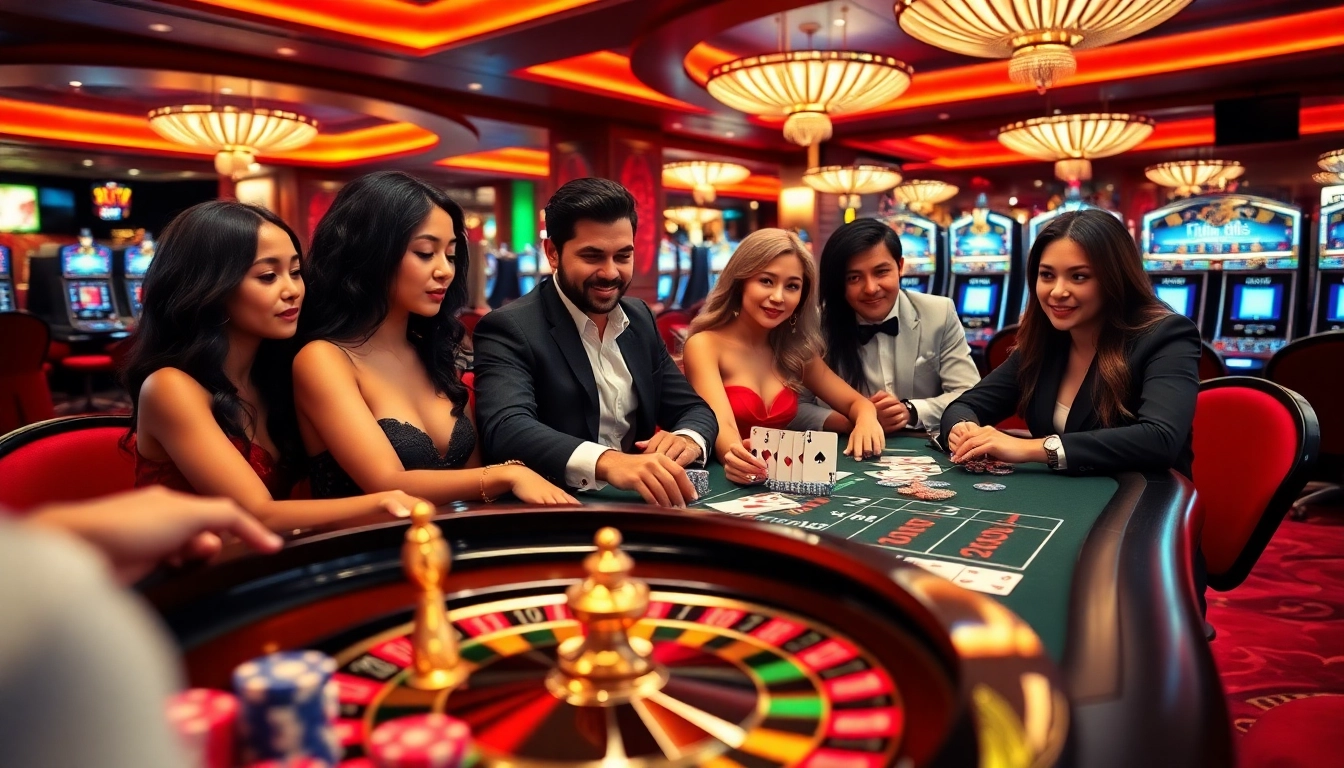 Players enjoying high-stakes action at f168 casino table with poker chips and cards.