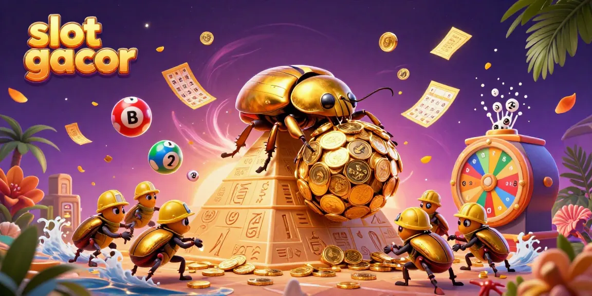Experience the excitement of slot gacor with a vibrant illustration of golden beetles, coins, and game symbols.