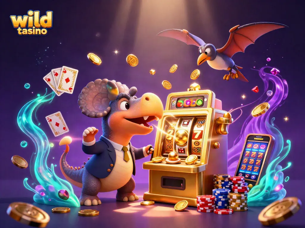 Experience wild tokyo casino thrills with a cartoon dinosaur at a jackpot slot machine amidst cascading golden coins.