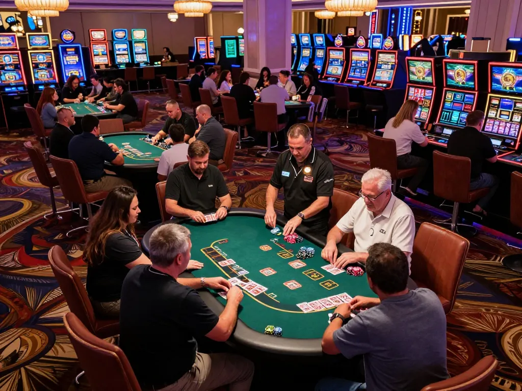 Players engaging in strategic gameplay at a Las Vegas blackjack table, highlighting tubidy mp3 amidst casino excitement.