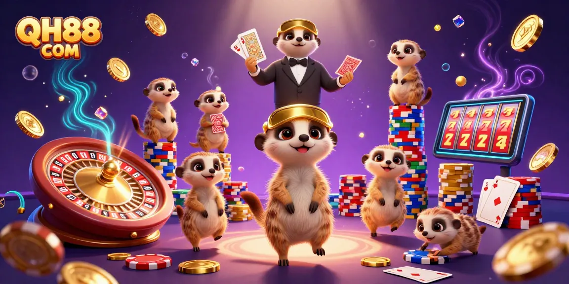Win big at QH88 COM as meerkats manage a lively casino scene filled with coins and gaming elements.