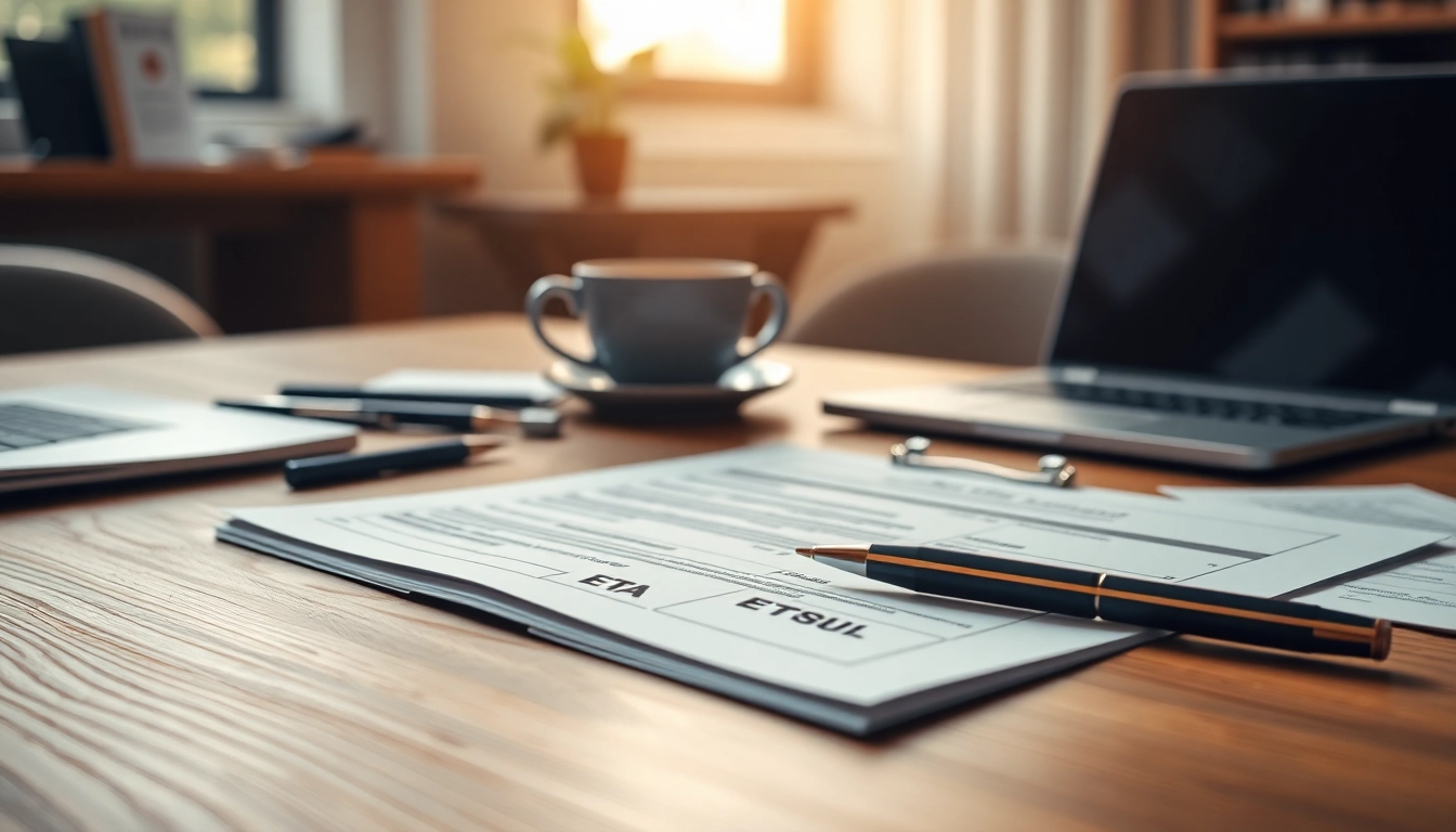 Complete eta uk application form on a desk with pens and a laptop.