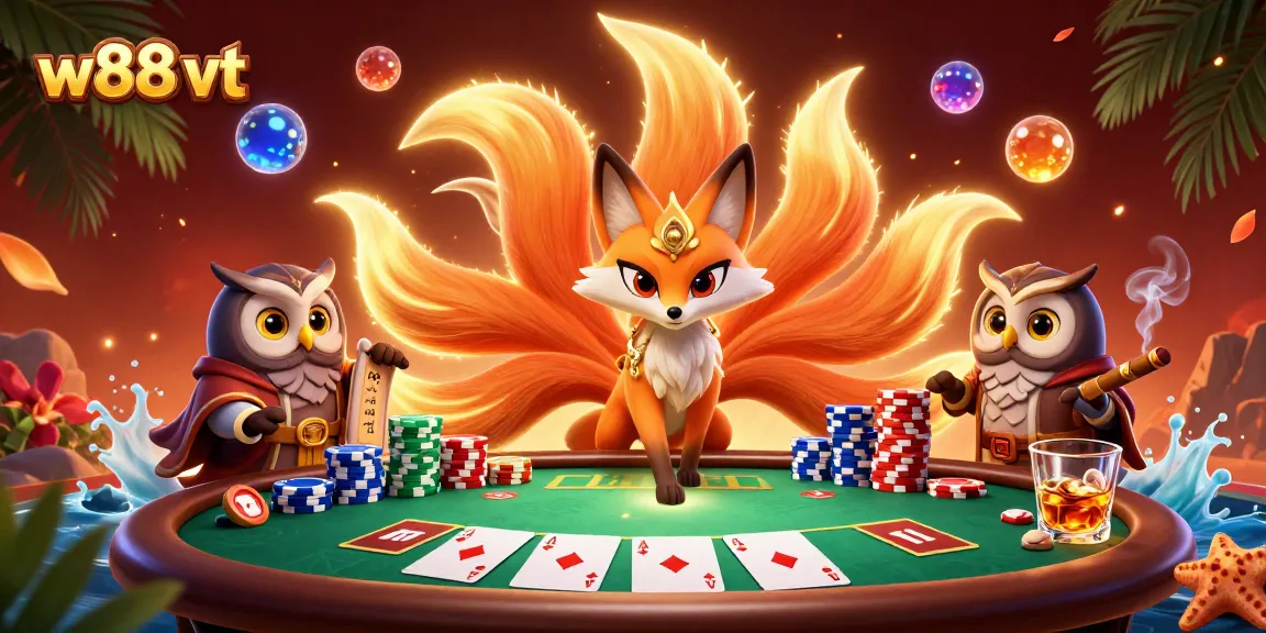 Các nhân vật hoạt hình tại w88 vt cùng bàn poker và nhiều chip màu, tạo không gian năng động cho người chơi.