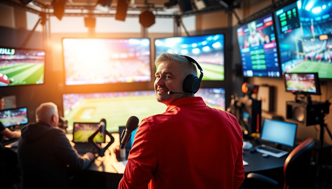 Captivating sports broadcasting scene showcasing a commentator and dynamic studio elements.