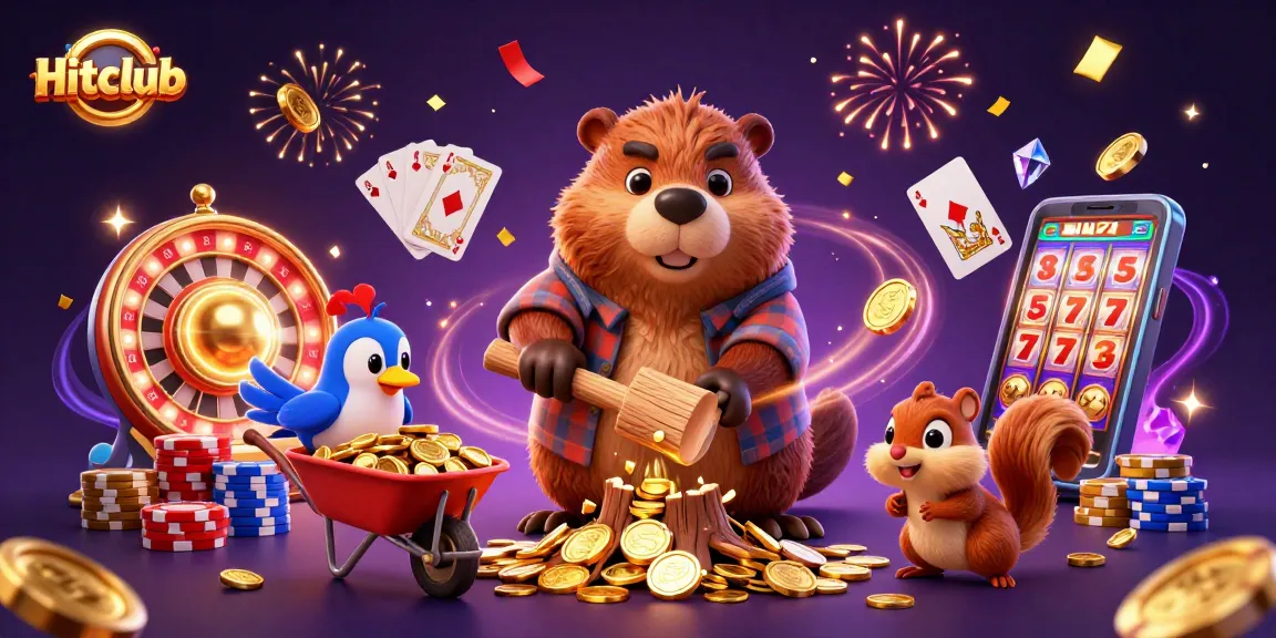 Hitclub's online casino magic, showcasing playful characters amidst a gold coin frenzy.
