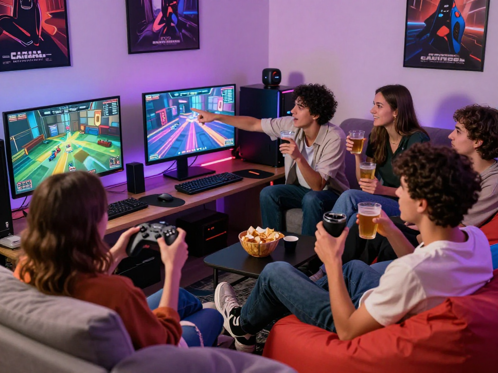 Engaging gaming scene with friends at rokok88 discussing patterns and strategies.